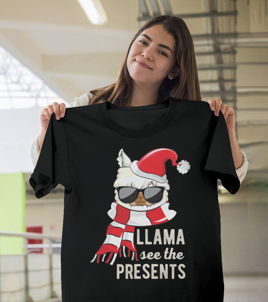 Llama See The Presents Funny Hat Xmas Alpaca Christmas Santa Scarf Sunglasses T-Shirt