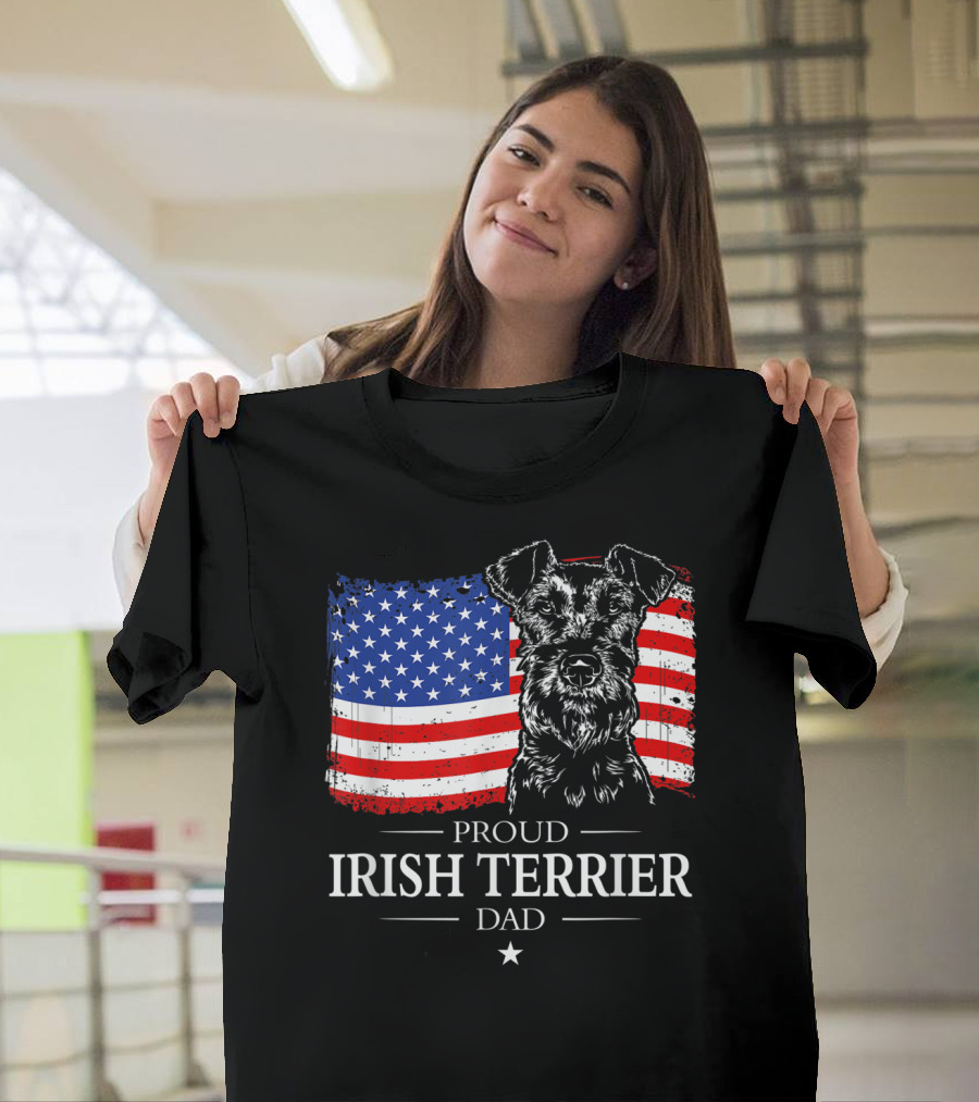 Proud Irish Terrier Dad With American Flag Background T-Shirt