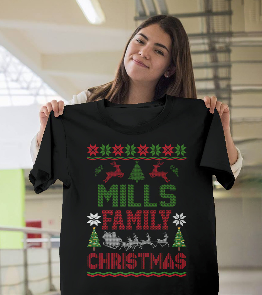 Mills Family Christmas Reindeer Sleigh Ugly Sweater Holiday Trees T-Shirt