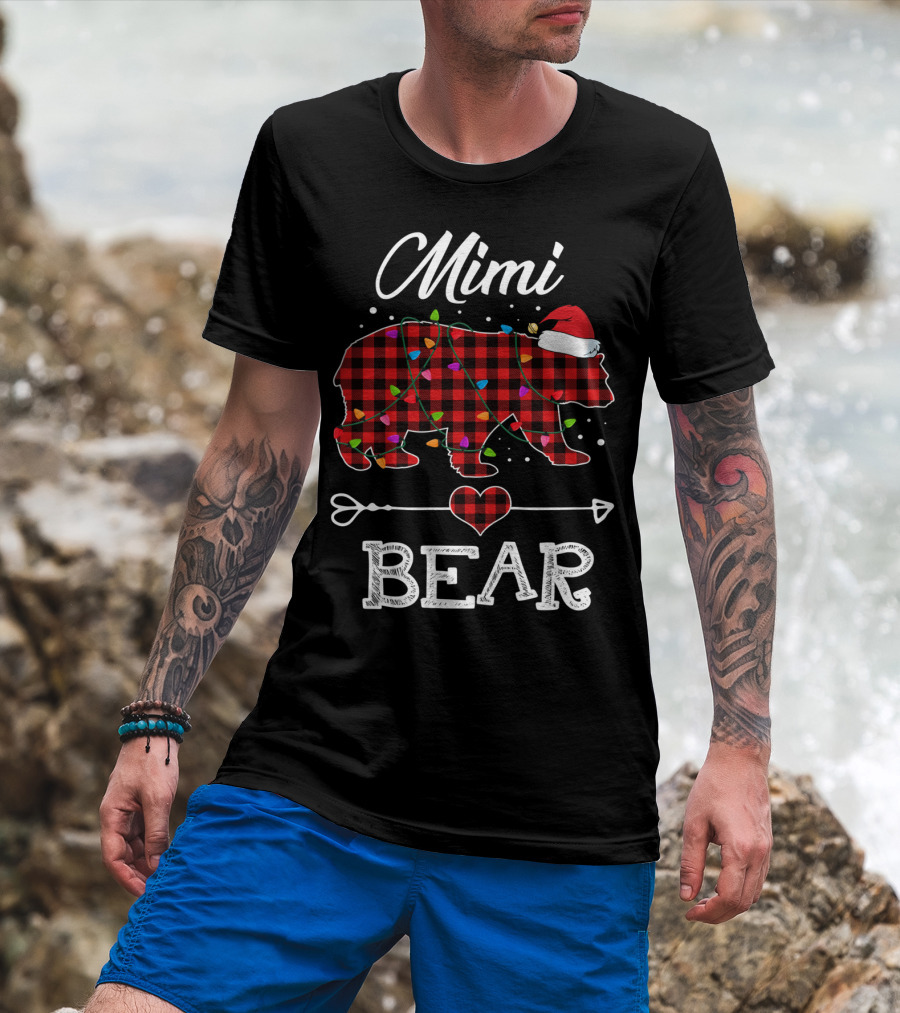 Mimi Bear Christmas Red Plaid Buffalo Santa Hat Lights T-Shirt
