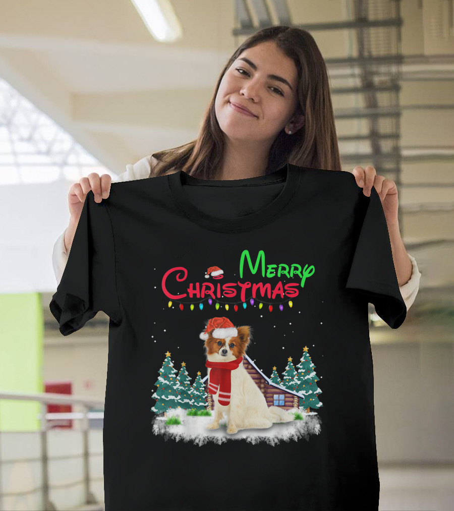 Papillon Dog With Santa Hat And Christmas Lights In Snowy Holiday Scene T-Shirt