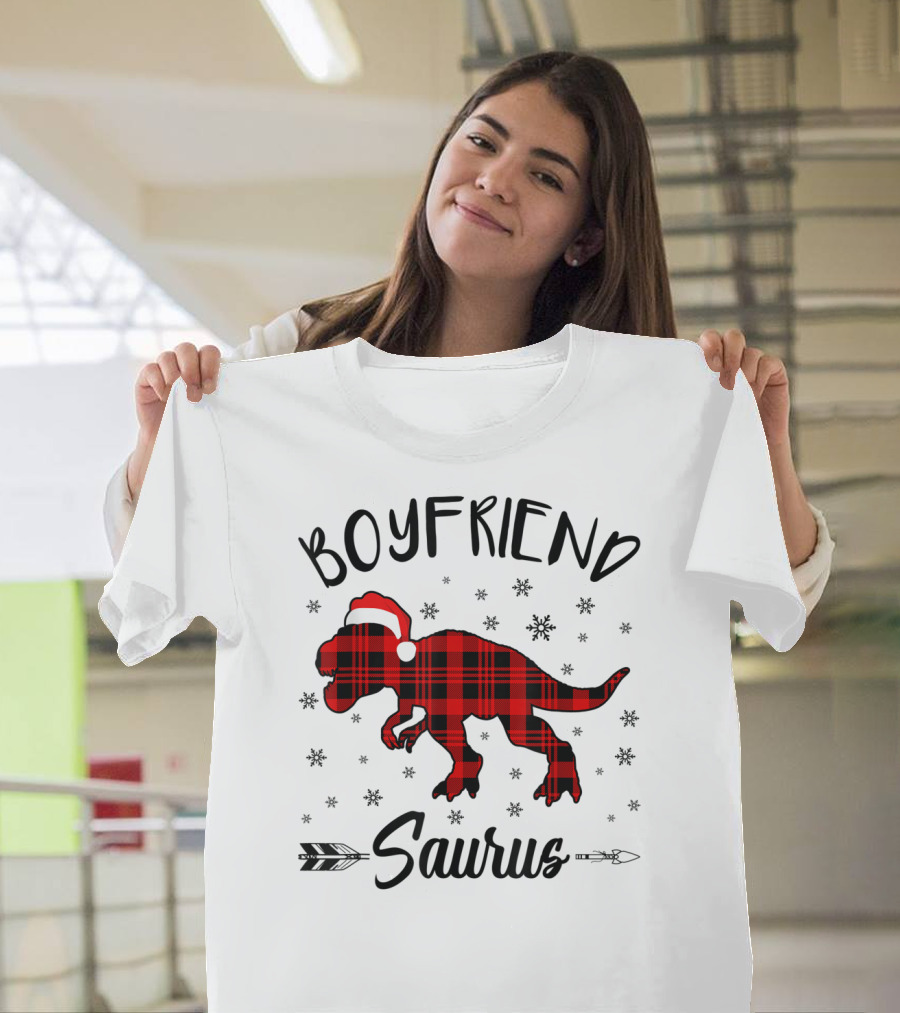 Boyfriend Saurus Red Plaid Dinosaur Christmas Hat T-Shirt