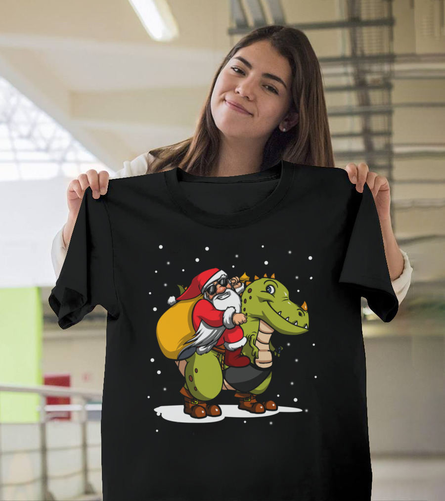 Santa Riding Dinosaur Christmas Trex Snowy Night Scene T-Shirt