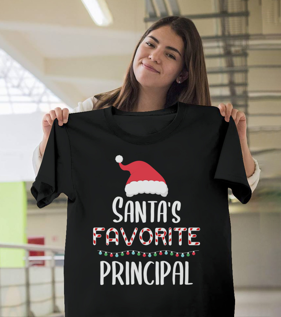 Santa's Favorite Principal Christmas Hat And Lights T-Shirt