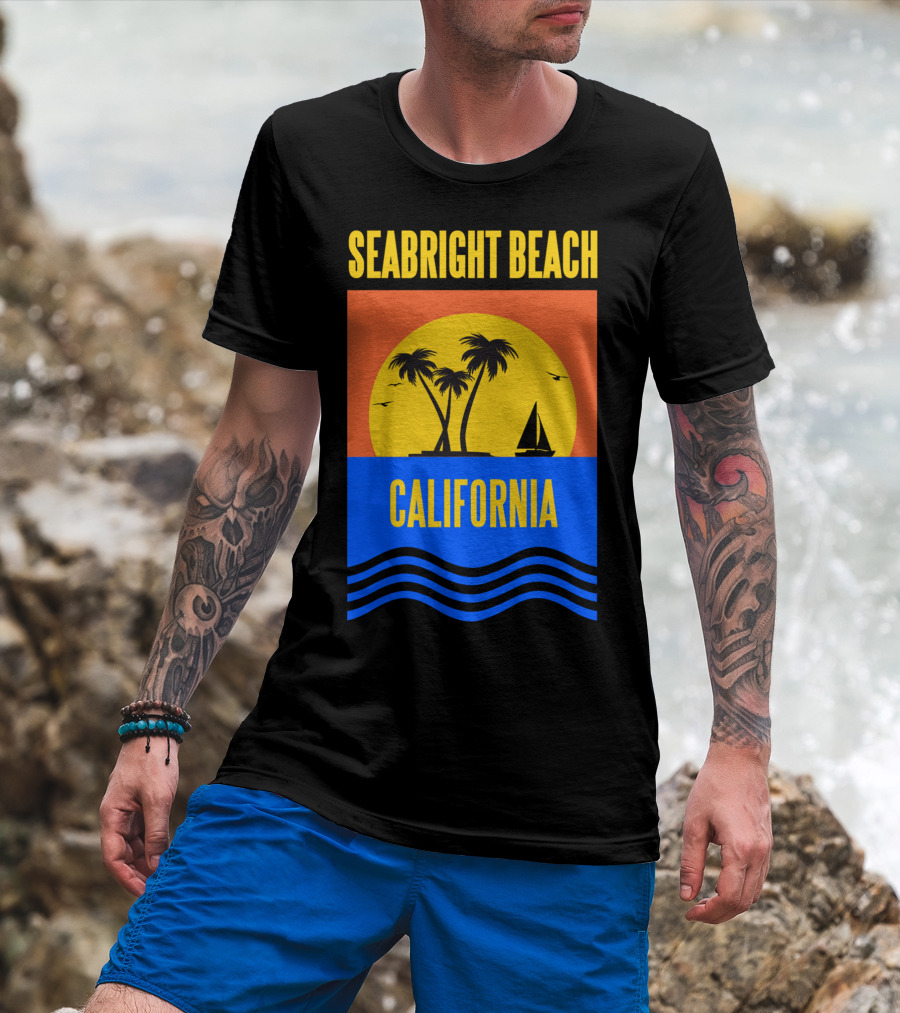 Seabright Beach California Sunset Palm Trees Sailboat Vacation T-Shirt