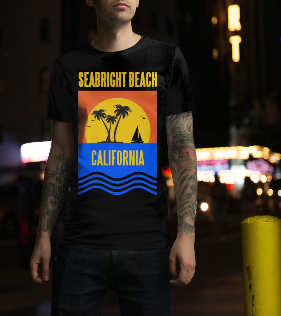 Seabright Beach California Sunset Palm Trees Sailboat Vacation T-Shirt