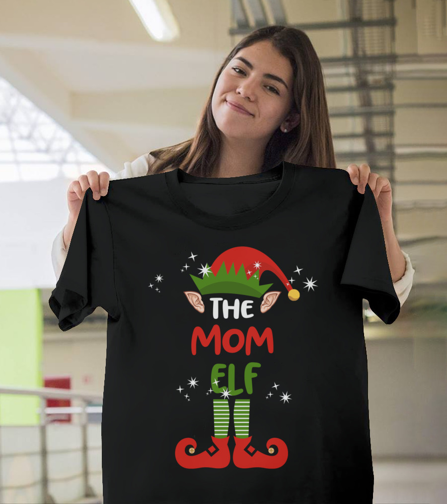 The Mom Elf Funny Christmas Elf Hat Ears Striped Socks Red Shoes T-Shirt