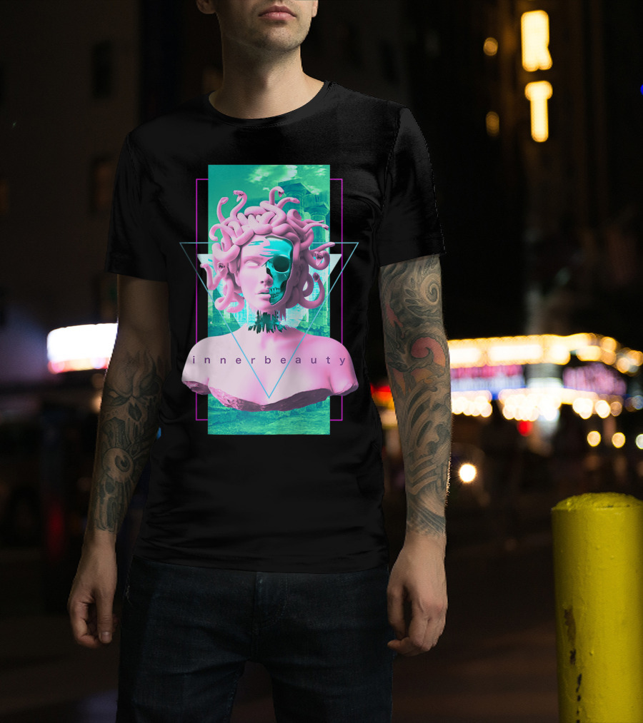 Vaporwave Inner Beauty Medusa Statue With Skull Aesthetic T-Shirt