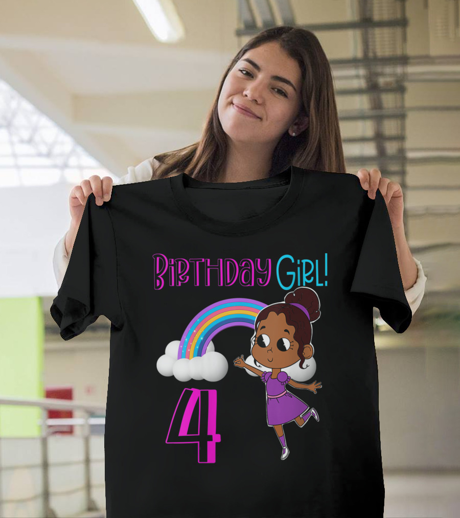 Birthday Girl 4 African American Rainbow And Girl In Purple Dress T-Shirt