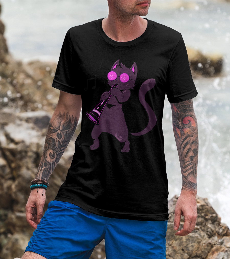 Clarinet Cool Cat Hippy Hipster Kitty With Sunglasses And Music Notes T-Shirt
