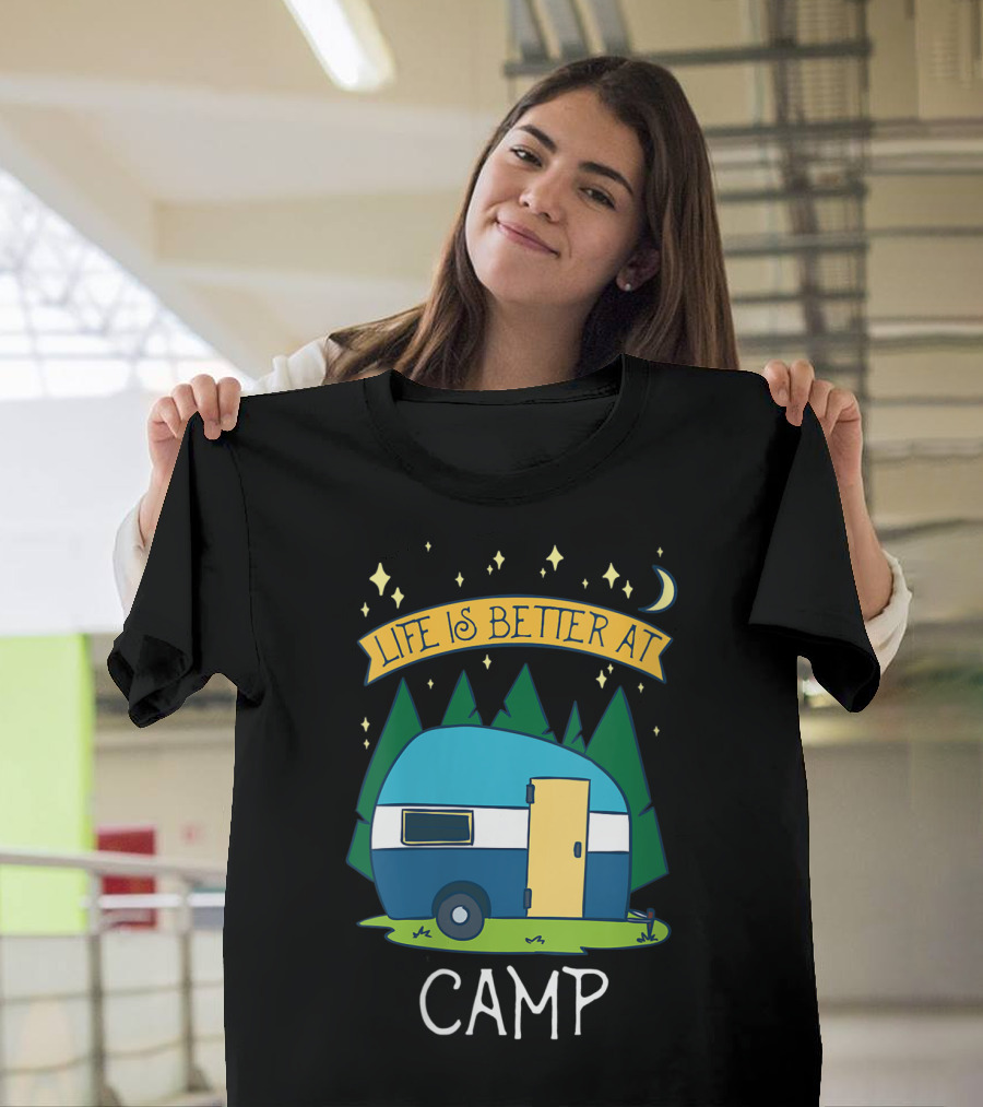 Life Is Better at Camp with Cute Camper and Forest Scene T-Shirt