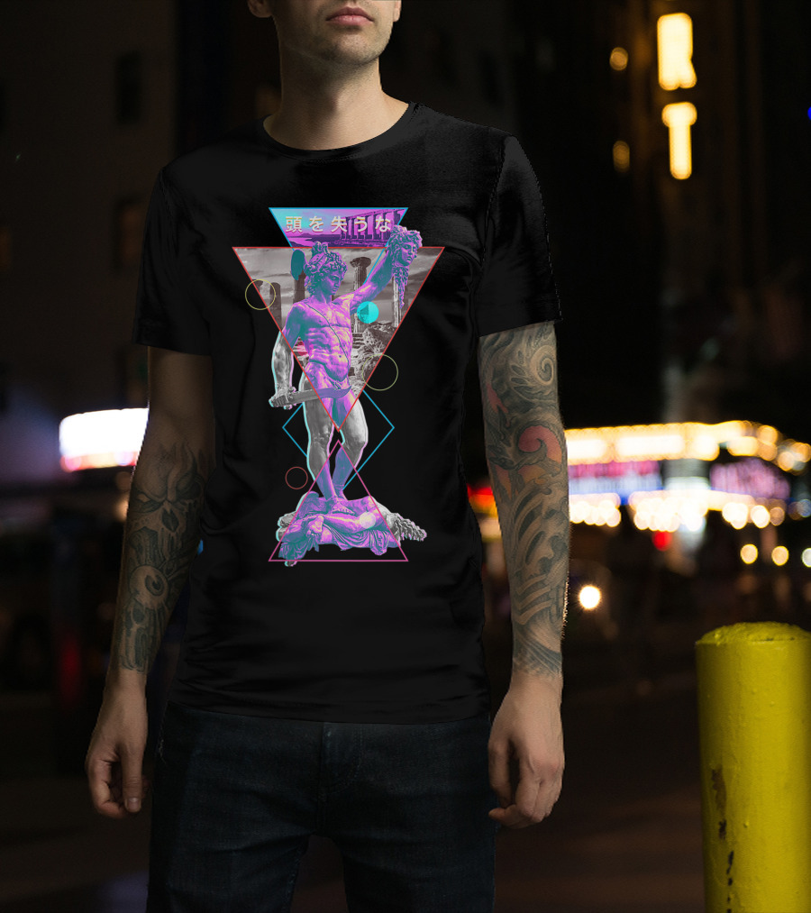 Perseus And Medusa Vaporwave Aesthetic With Japanese Text And Geometric Shapes T-Shirt