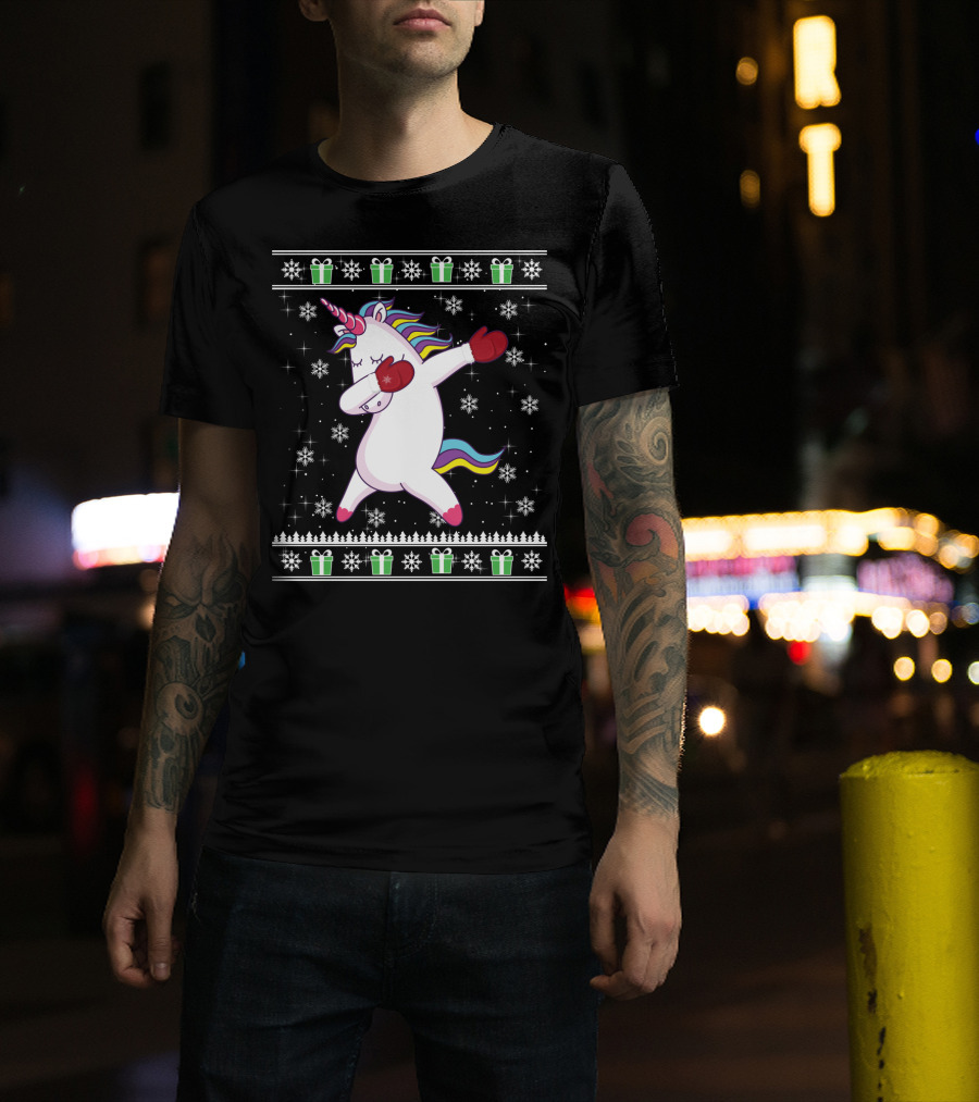 Unicorn Dabbing Christmas Presents Snowflakes Holiday Ugly T-Shirt