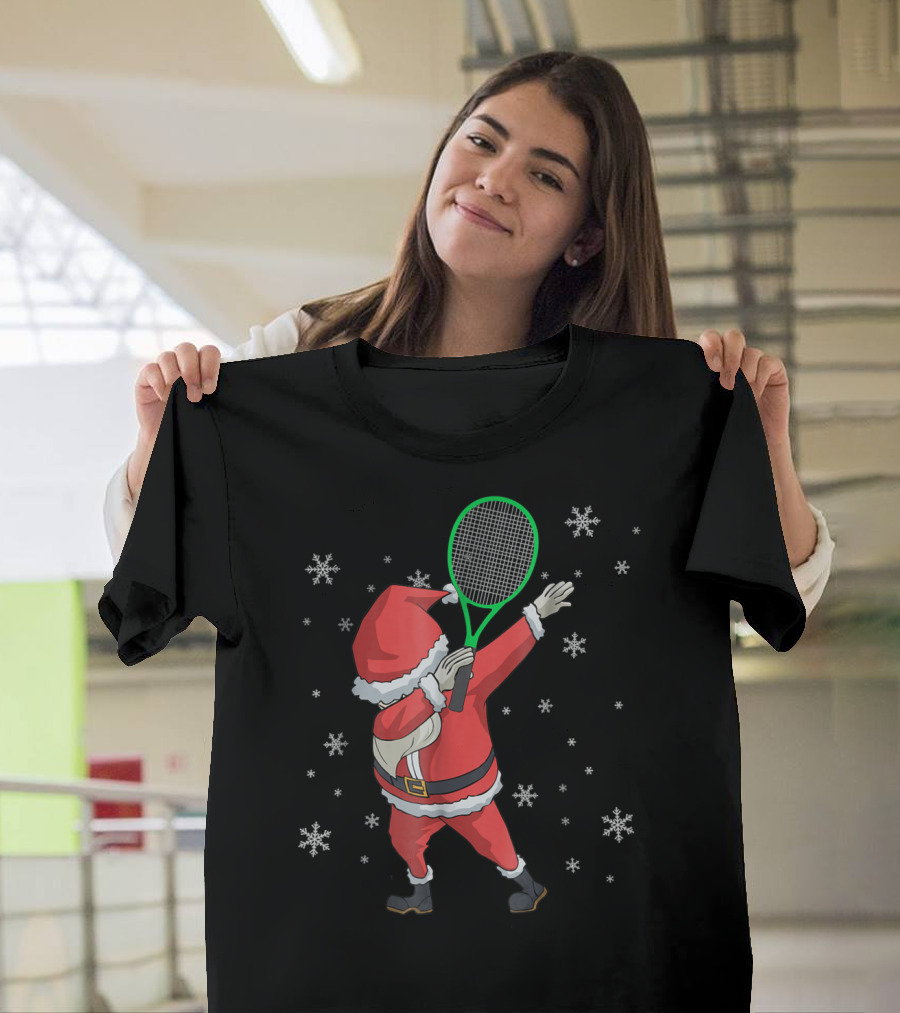 Dabbing Santa Claus With Tennis Racket And Snowflakes T-Shirt