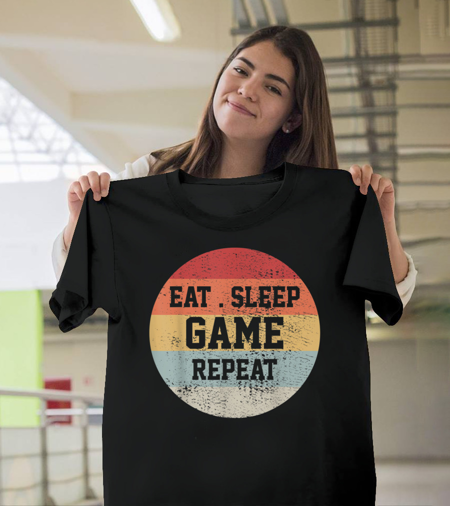 Eat Sleep Game Repeat Vintage Retro Stripes T-Shirt