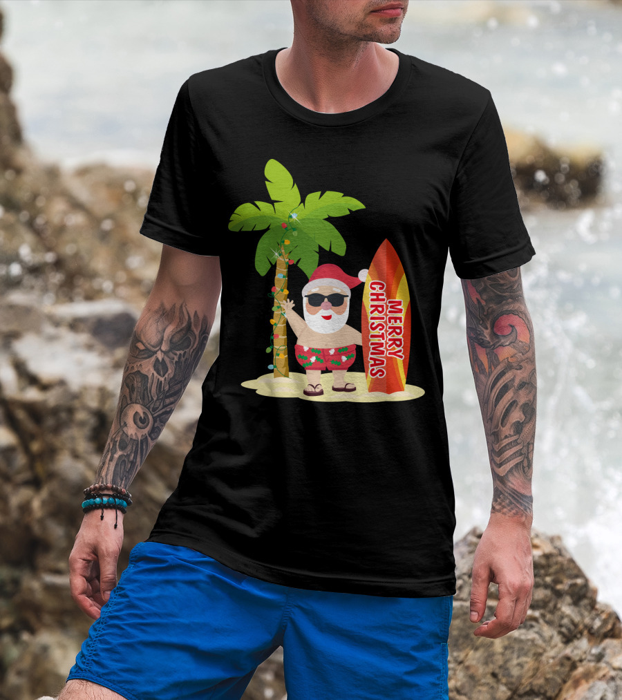 Merry Christmas Hawaiian Funny Ugly Cute Surfing Santa Holiday T-Shirt