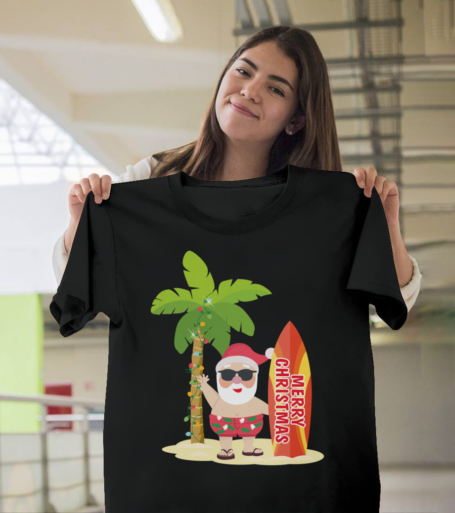 Merry Christmas Hawaiian Funny Ugly Cute Surfing Santa Holiday T-Shirt