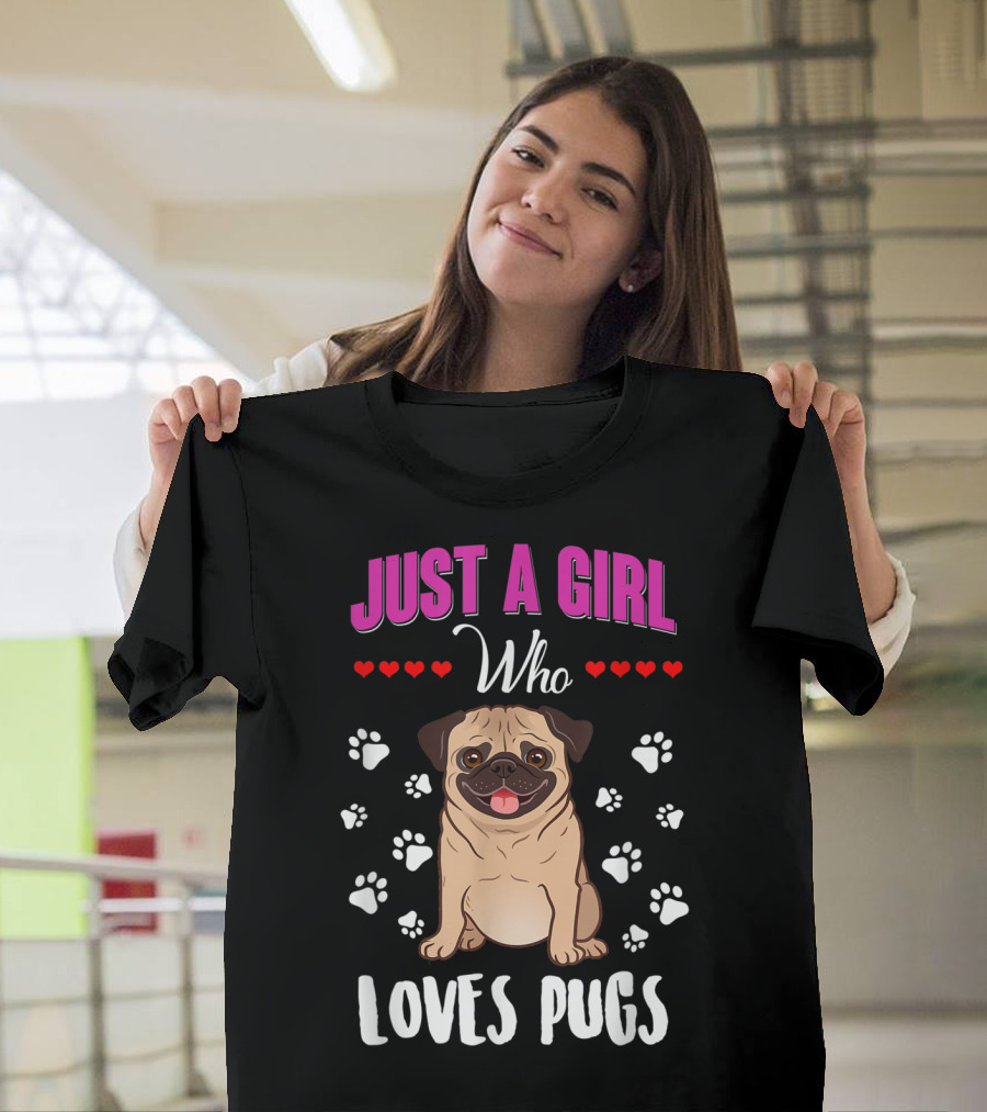 Just A Girl Who Loves Pugs With Paw Prints And Hearts T-Shirt