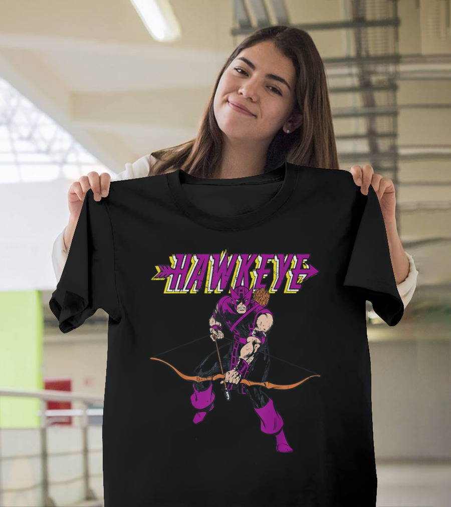 Marvel Hawkeye Classic Purple Pose Drawing Bow And Arrow T-Shirt