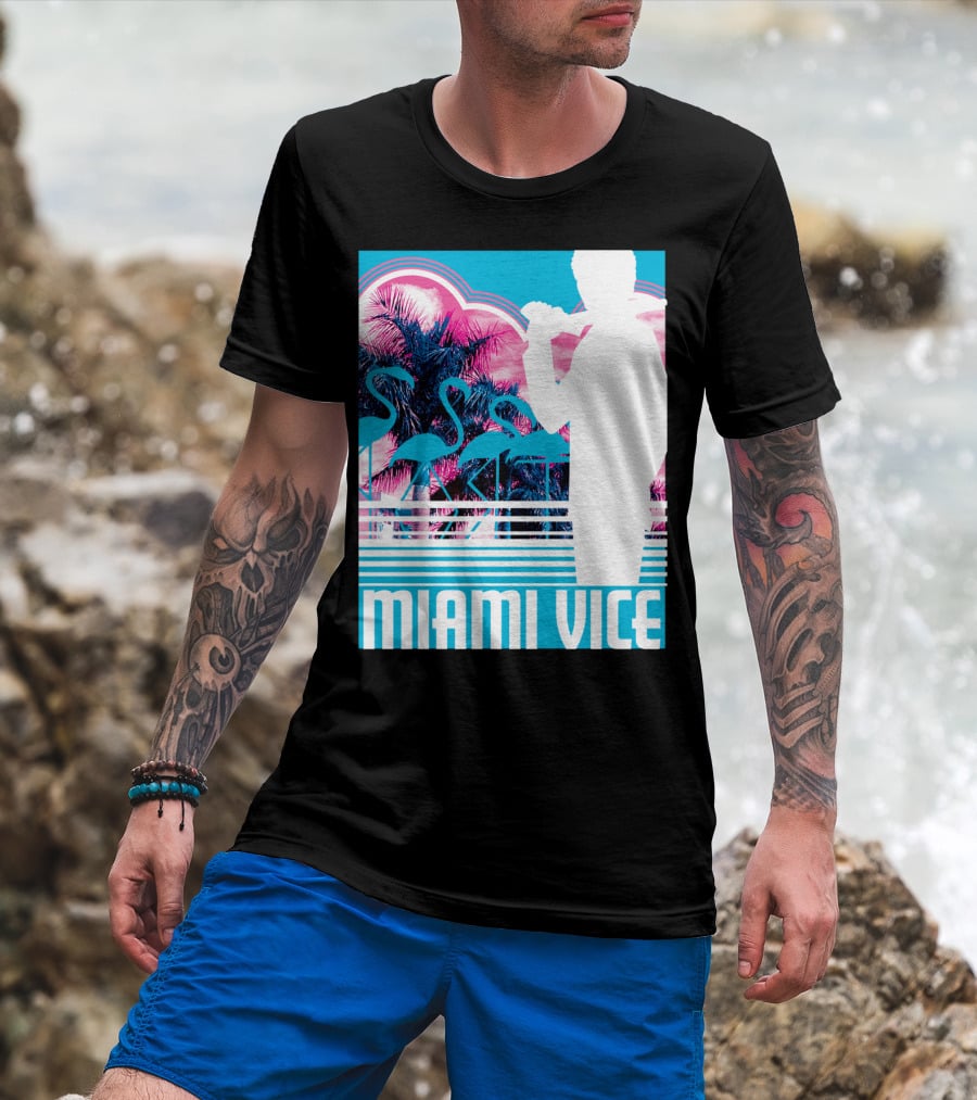 Miami Vice Neon Flamingo Silhouette Tropical T-Shirt