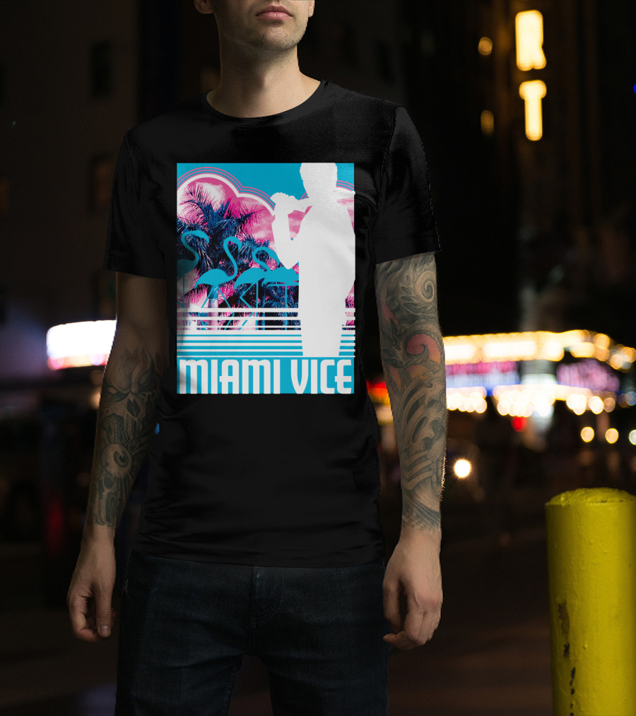 Miami Vice Neon Flamingo Silhouette Tropical T-Shirt