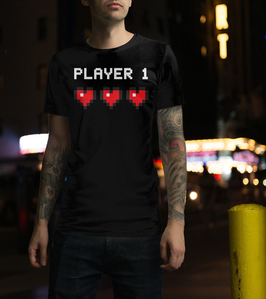 Player 1 Pixel Hearts Retro Gaming T-Shirt
