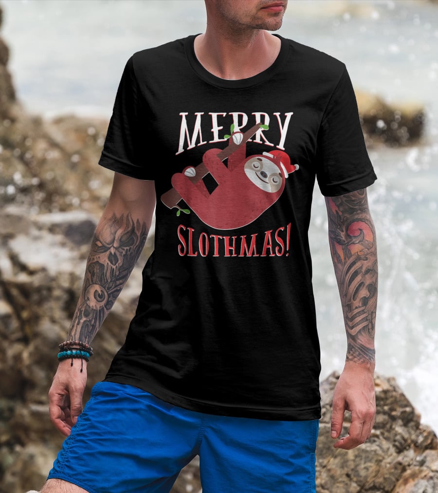 Merry Slothmas Santa Hat Sloth Holiday Greeting T-Shirt