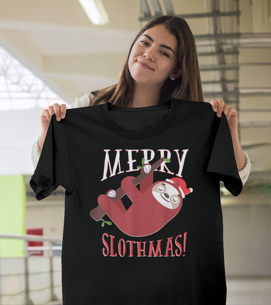 Merry Slothmas Santa Hat Sloth Holiday Greeting T-Shirt