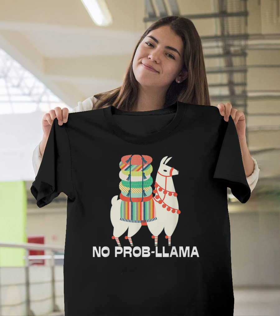 No Prob-Llama Cute Llama Alpaca Lover With Colorful Blanket T-Shirt