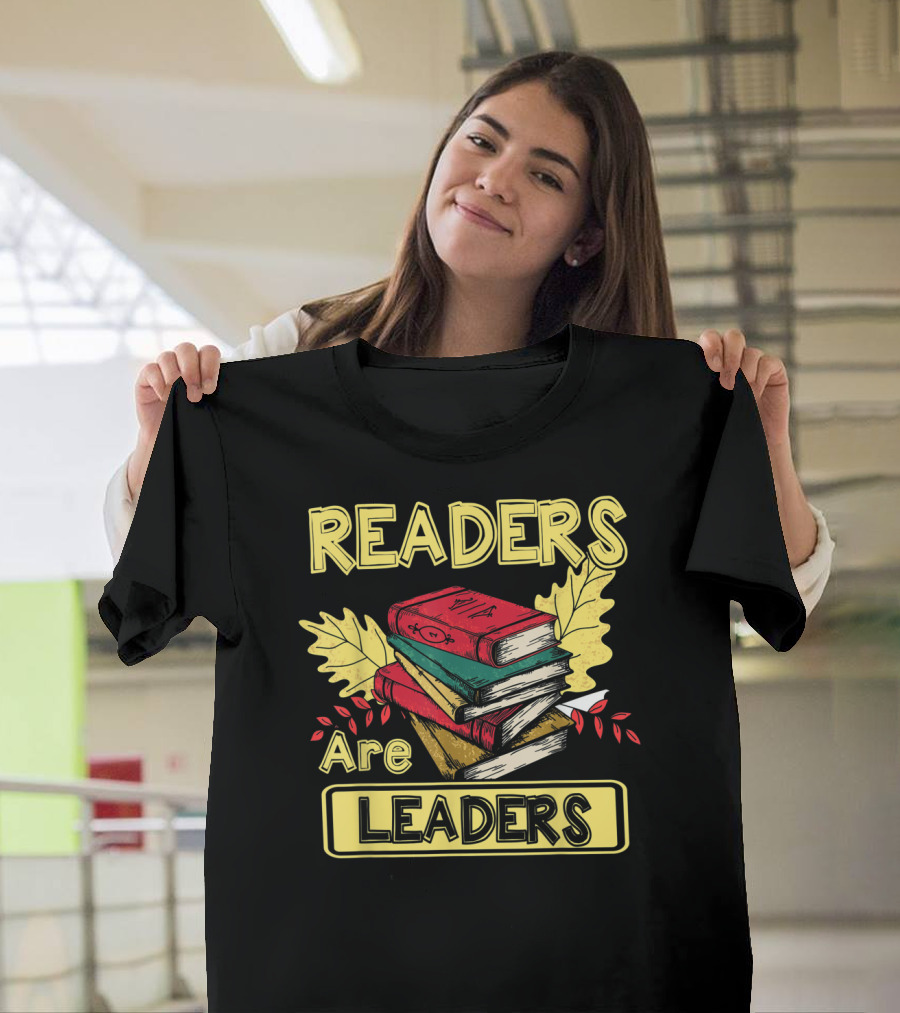 READERS ARE LEADERS BOOKS WITH FALL LEAVES STACKED T-Shirt