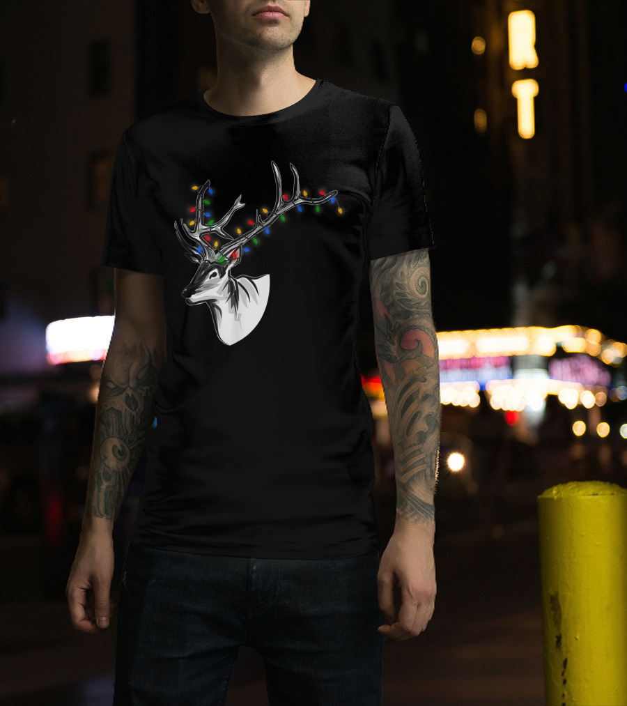 Reindeer With Colorful Christmas Lights On Antlers Funny Animal T-Shirt