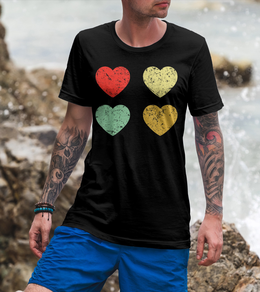 Retro Vintage Hearts Valentines Day Four Colorful Grunge Hearts T-Shirt