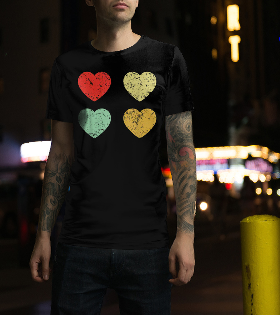 Retro Vintage Hearts Valentines Day Four Colorful Grunge Hearts T-Shirt