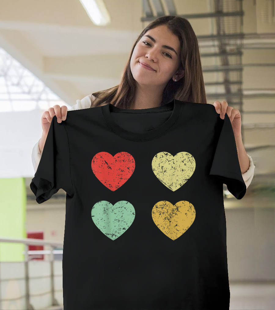 Retro Vintage Hearts Valentines Day Four Colorful Grunge Hearts T-Shirt