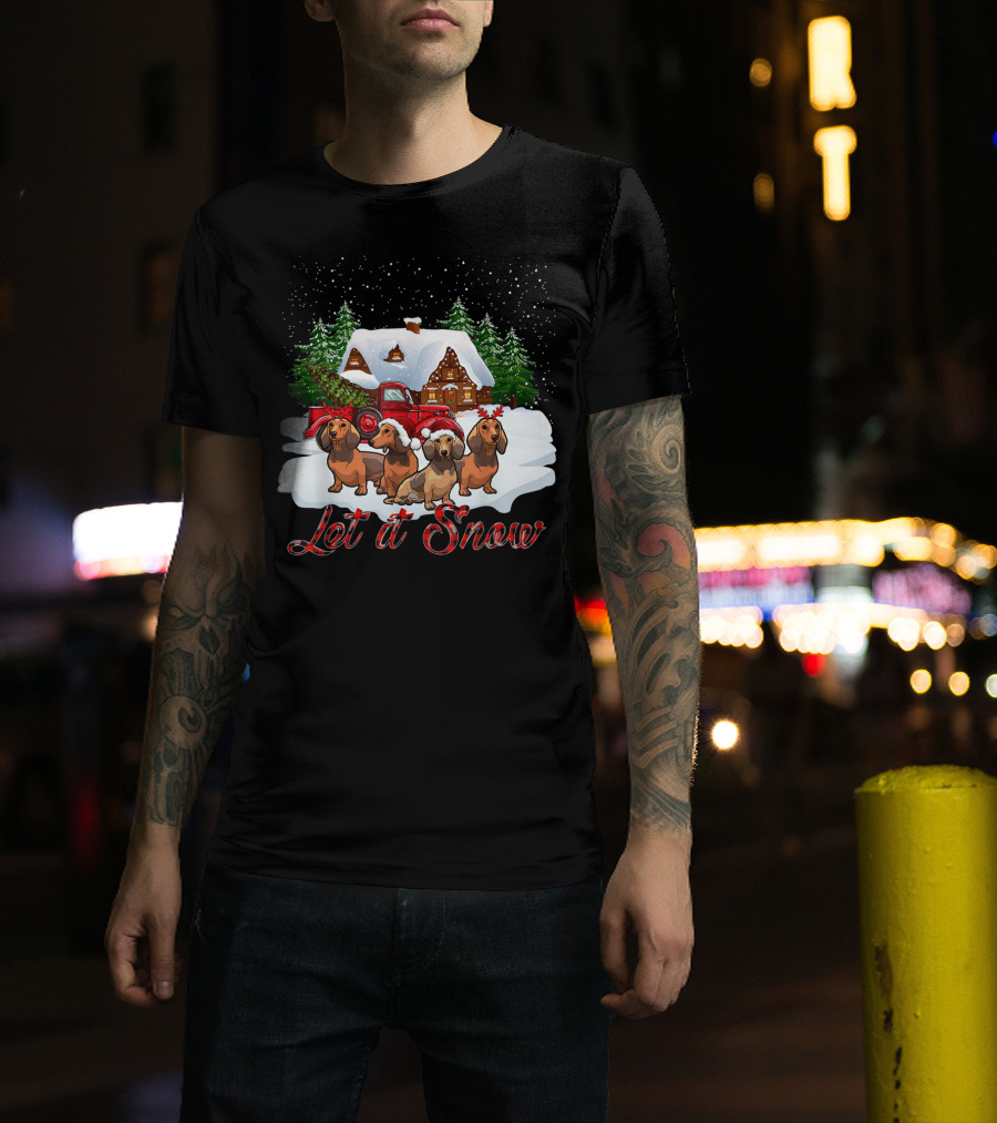 Santa Dachshund Let It Snow With Snowy Cabin And Red Truck T-Shirt