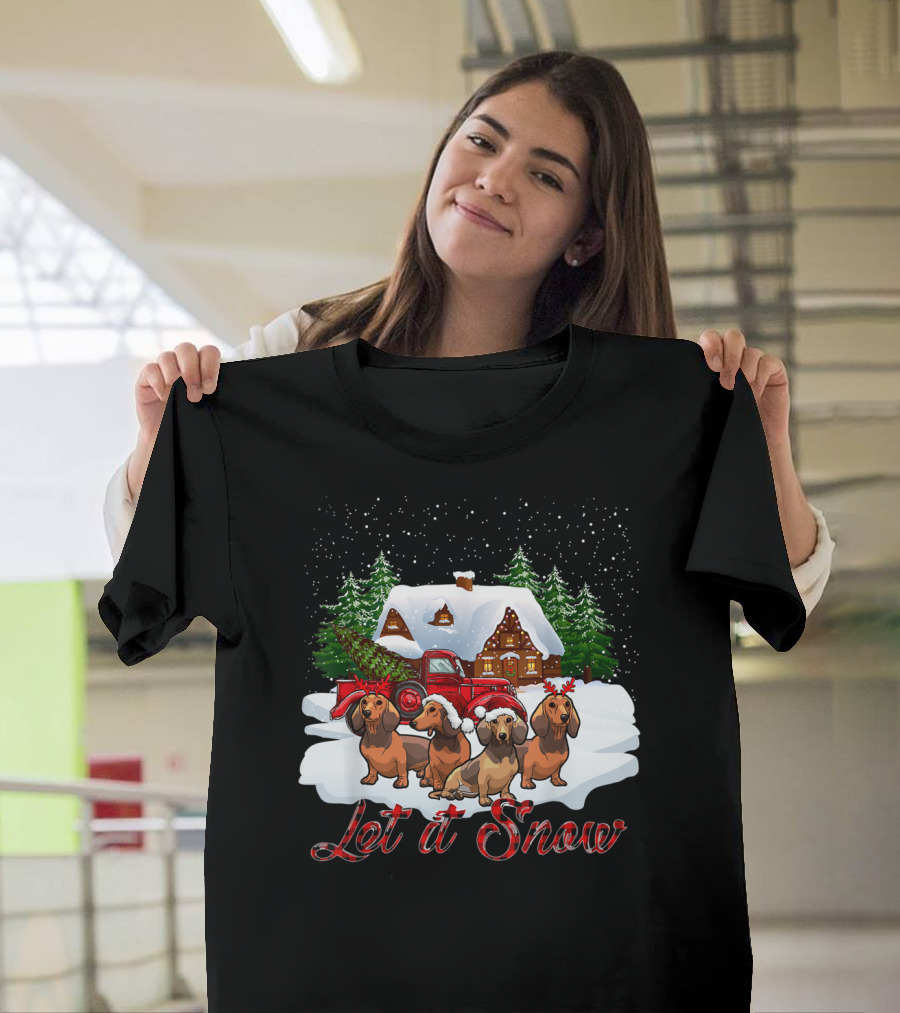 Santa Dachshund Let It Snow With Snowy Cabin And Red Truck T-Shirt