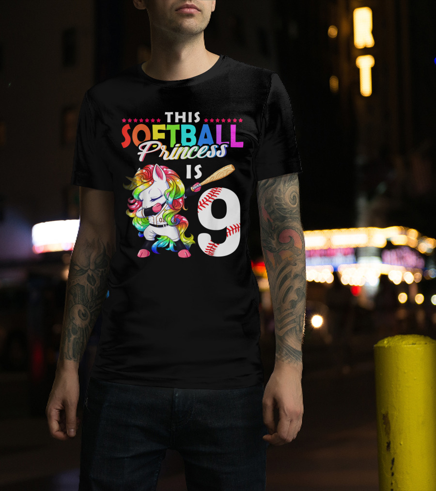 This Softball Princess Is 9 Unicorn Birthday Rainbow Bat T-Shirt