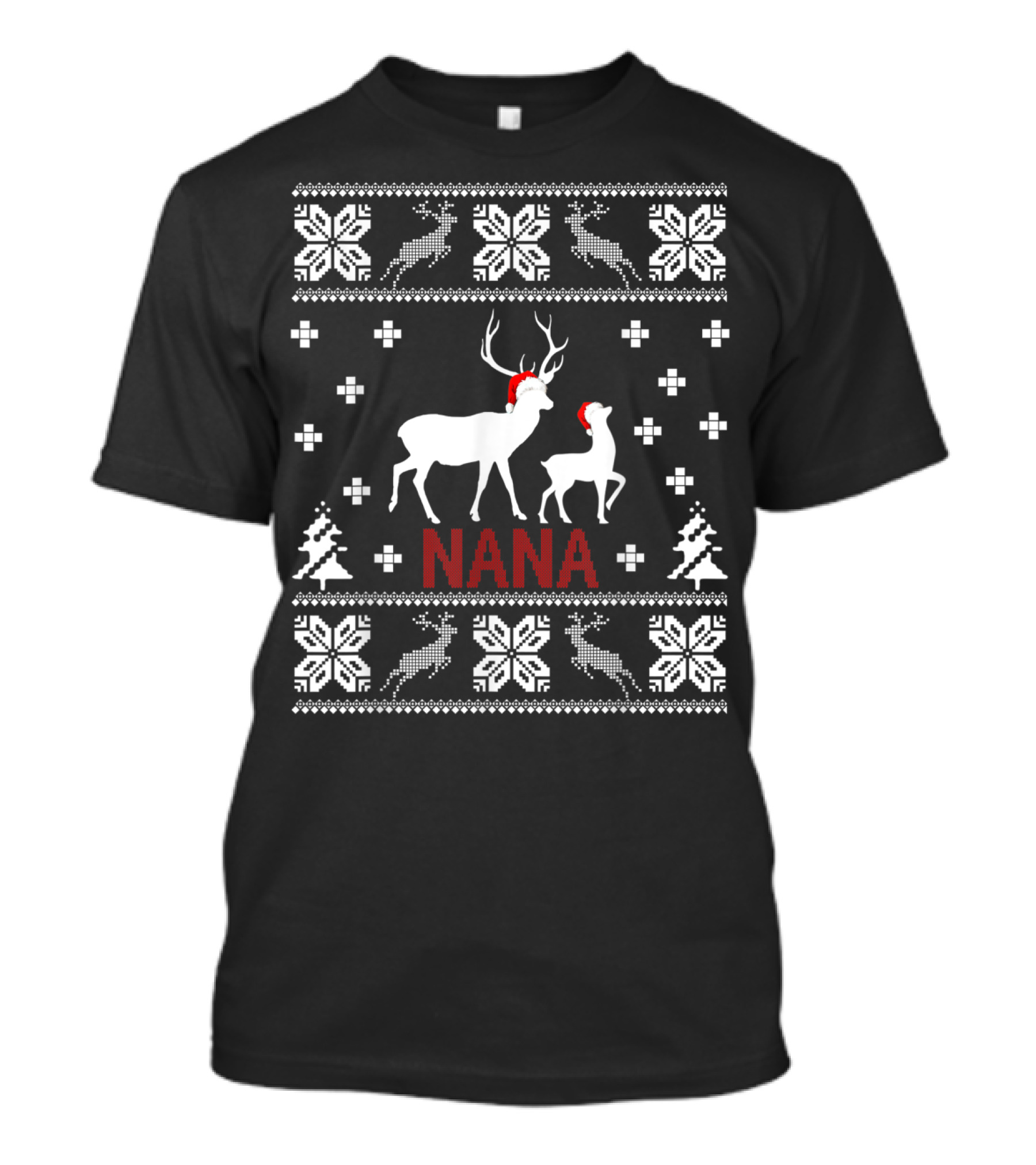 Ugly Christmas Nana Santa Reindeer Pattern Snowflakes Trees T-Shirt