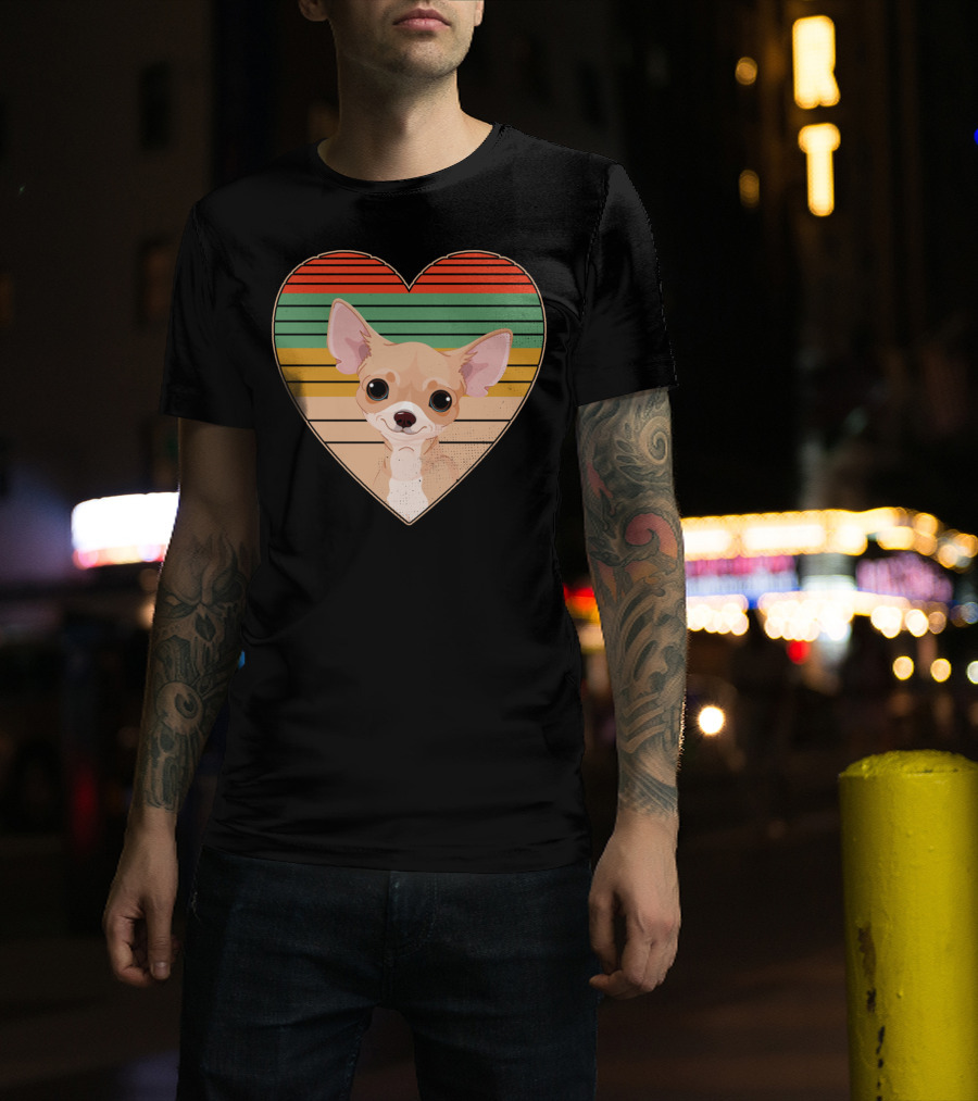 Vintage Chihuahua Heart Striped Retro Heart-Shaped T-Shirt