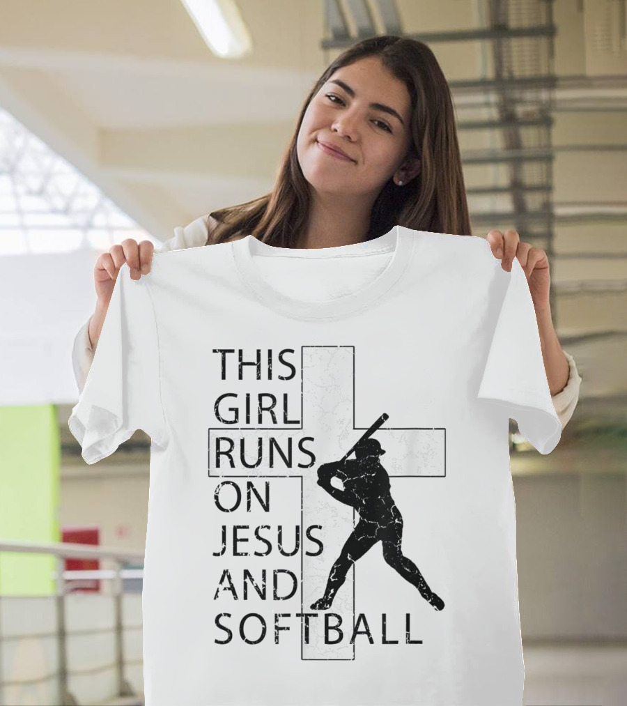 This Girl Runs On Jesus And Softball Silhouette With Cross T-Shirt