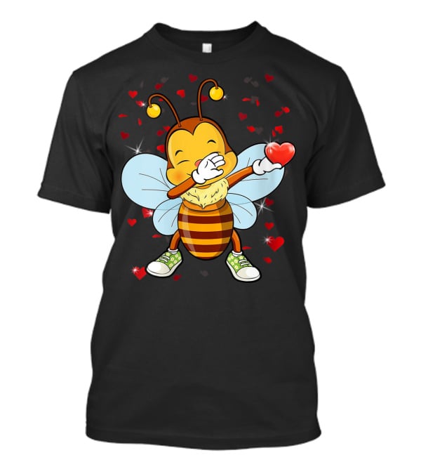 Valentine Bee Dabbing Holding Heart Surrounded By Hearts And Stars T-Shirt