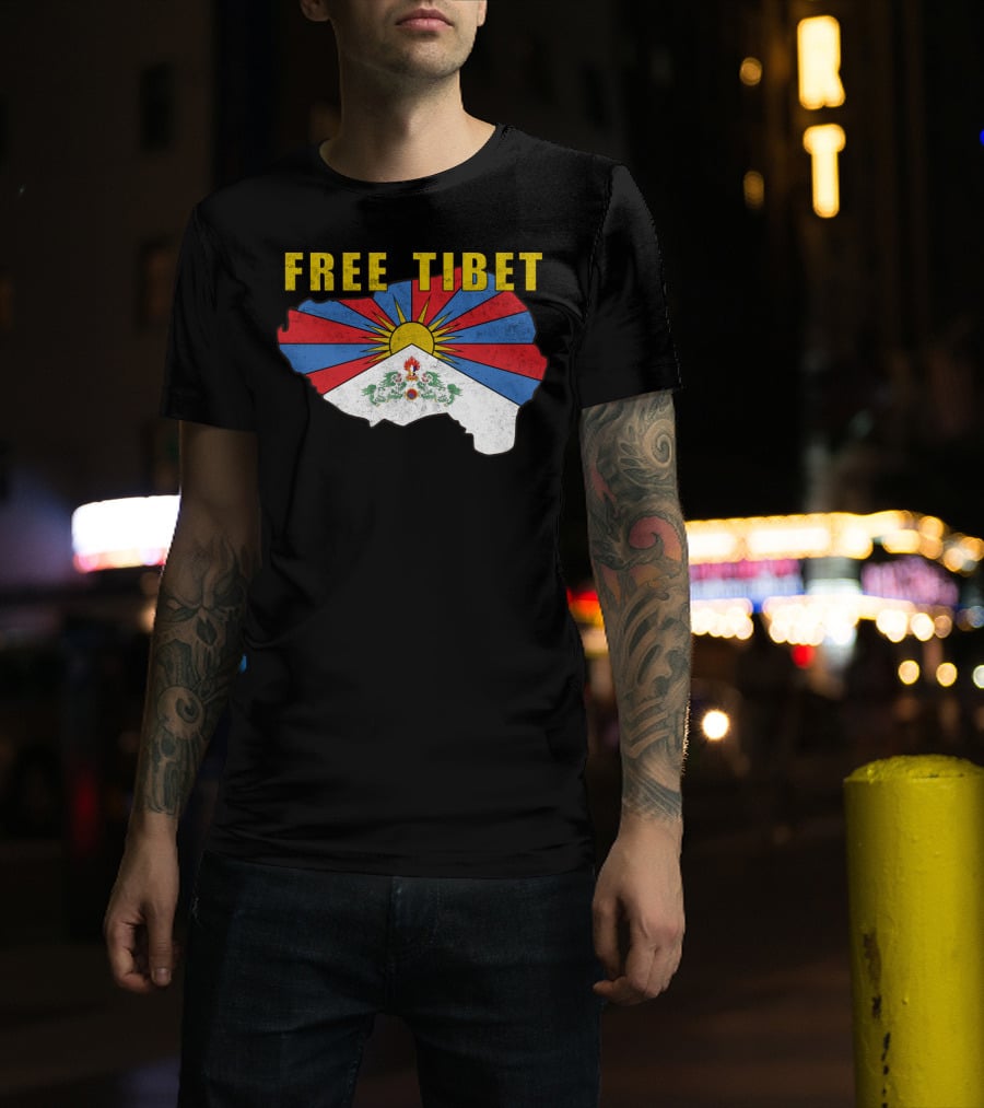 Free Tibet Flag With Sunrise Symbol Map T-Shirt