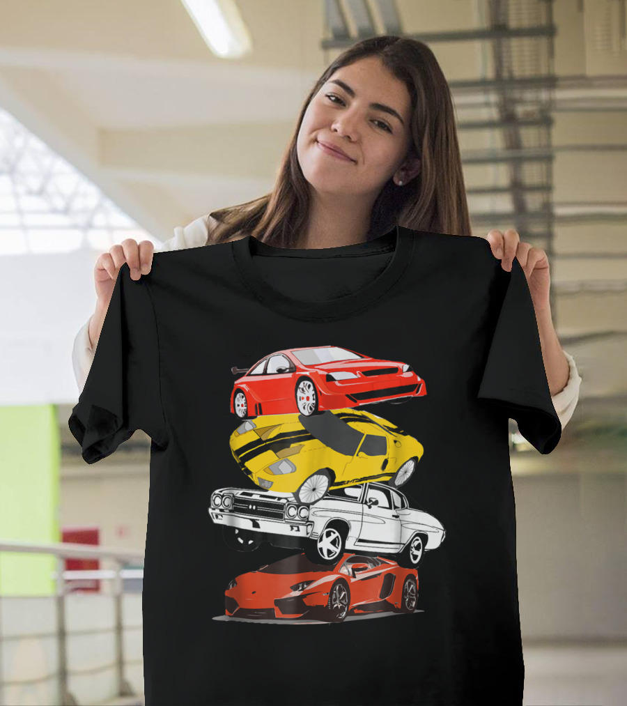 Funny Classic Cars Stacked Red Yellow Black White Racing Cars T-Shirt