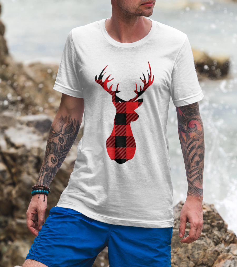 Buffalo Plaid Red Black Christmas Deer T-Shirt