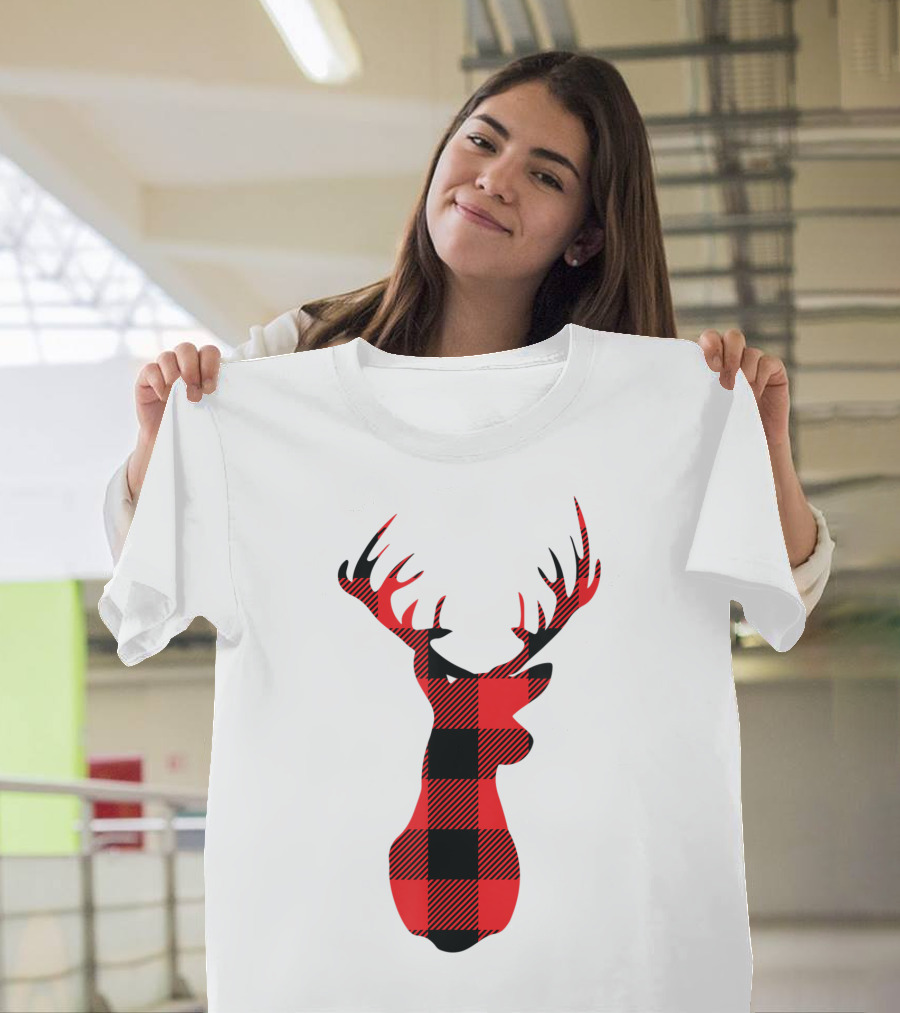 Buffalo Plaid Red Black Christmas Deer T-Shirt