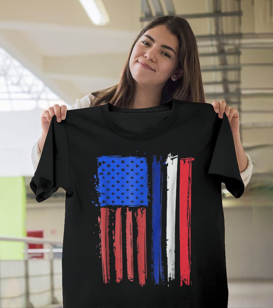 Half French American Flag Classic Patriot Stars And Stripes Paint T-Shirt