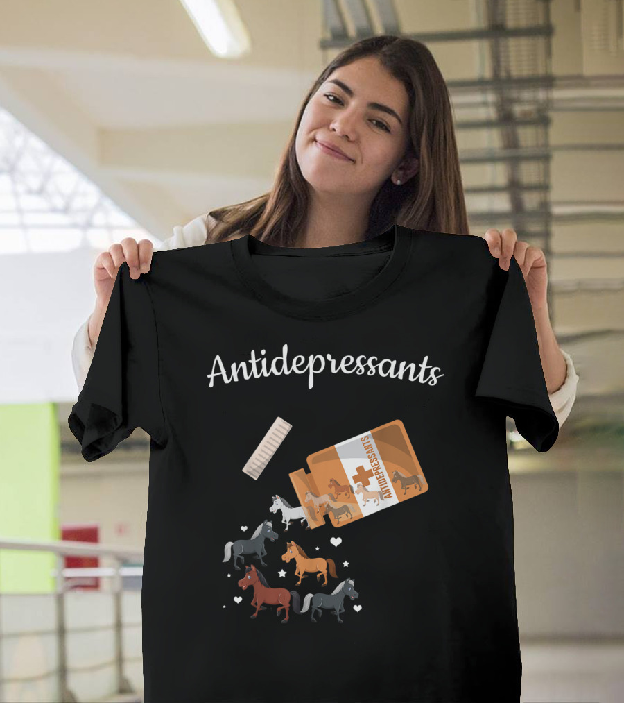 Antidepressants Horses Escaping from Prescription Bottle Hearts T-Shirt