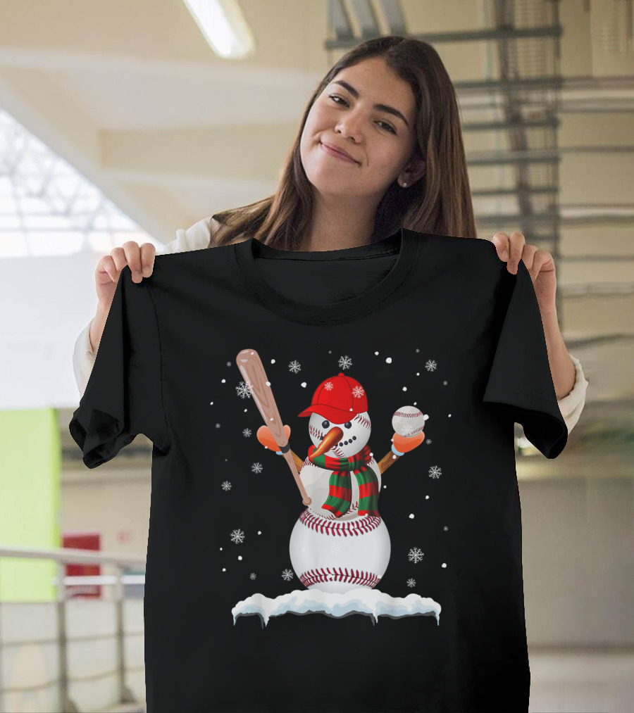 Baseball Snowman Funny Christmas Snowflakes Baseball Bat and Ball T-Shirt