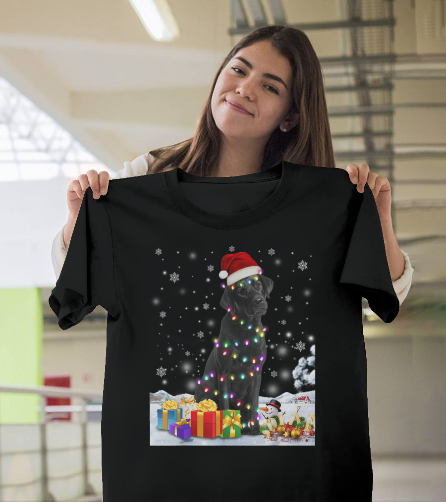 Flat Coated Retriever Christmas Lights Snowman Gifts Snowflakes Santa Hat T-Shirt