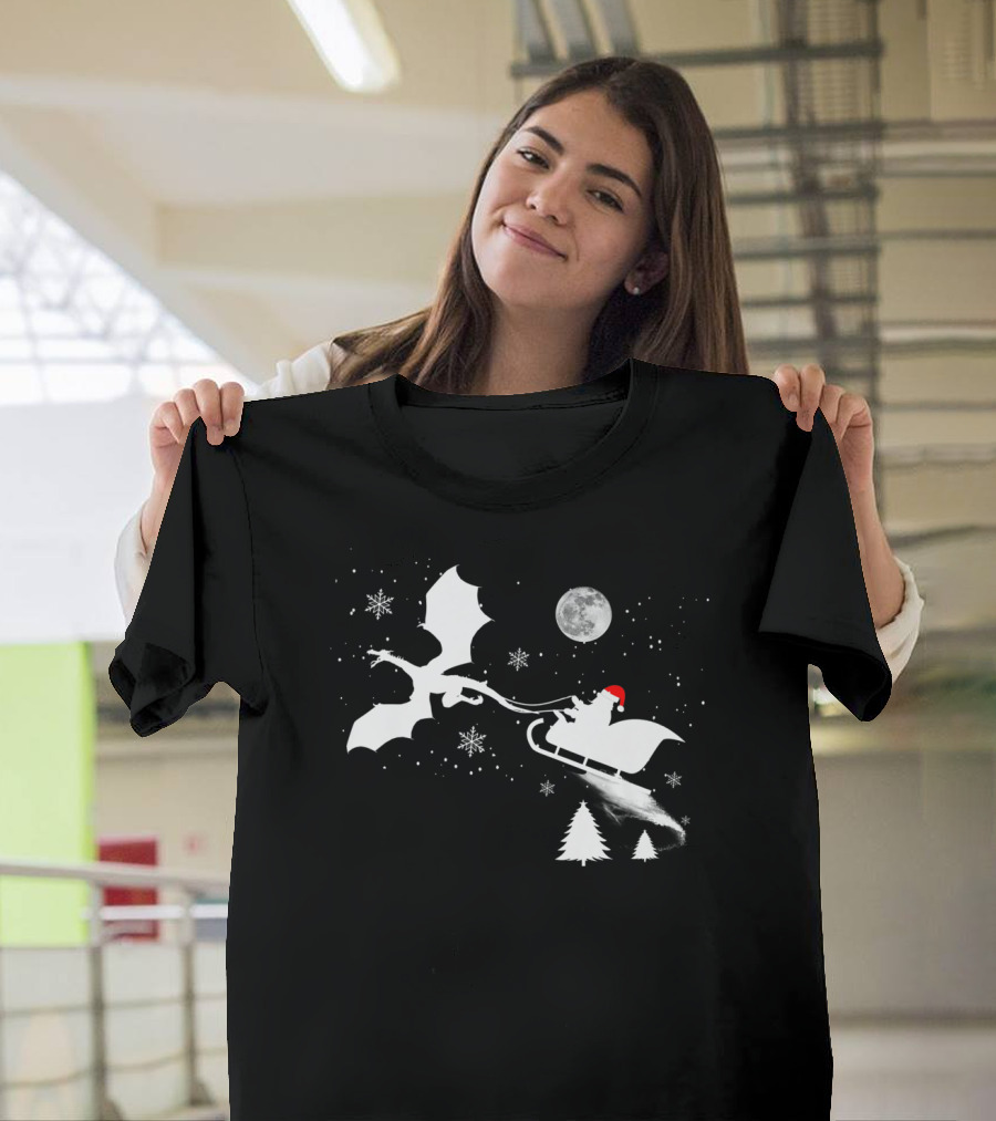 Santa Dragon Sleigh Ride Under the Moon and Snowflakes T-Shirt